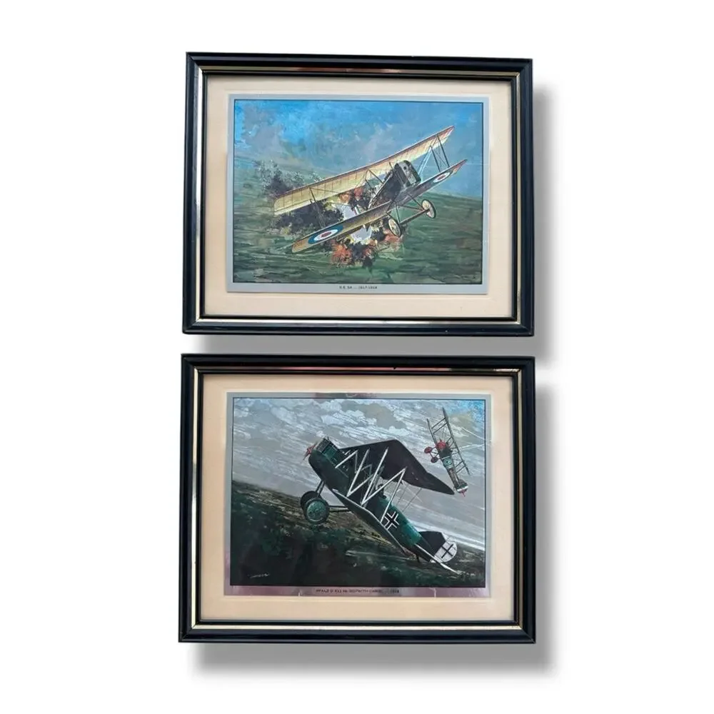 Vintage 1970s Aviation Color-Etch Foil Prints Framed WWI Dogfight Art Decor